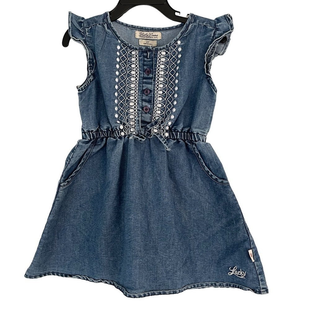 Lucky Brand Denim Pinafore Flutter Sleeve Embroidered Dress Size 2T